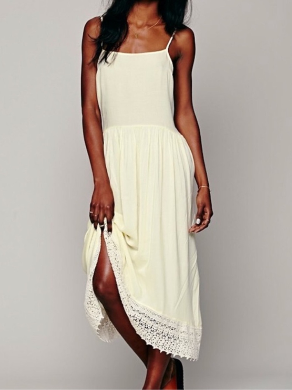 Free People Easy Breezy Yellow Crochet Hem Midi Slip Dress - Size S